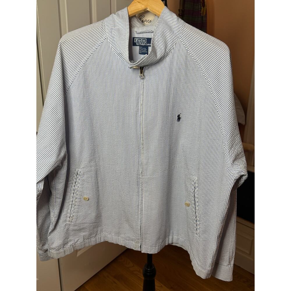 Vintage Ralph Lauren Men's blue and white seersucker jacket size